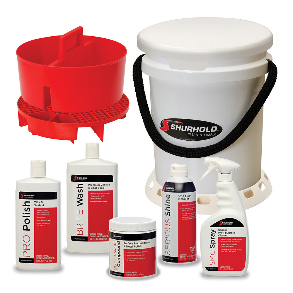 Shurhold 5 Gallon White Bucket Kit - Includes Bucket, Caddy, Grate Seat, Buff Magic, Pro Polish Brite Wash, SMC  Serious Shine [2465]