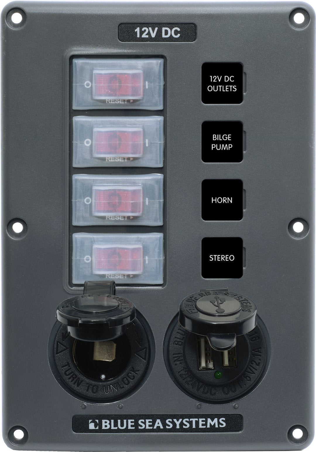 BLUE SEA PANEL SWITCH H2O CB 4POS SCKT & USB [4321-BSS]
